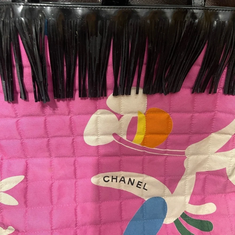 CHANEL vintage Pink Quilted Tote with Black Fringe and Colorful Accents